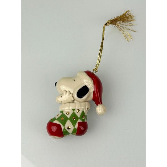 LENOX Peanuts Snoopy in Stocking Christmas Tree Ornament Holiday Porcelain VTG - Picture 2 of 16